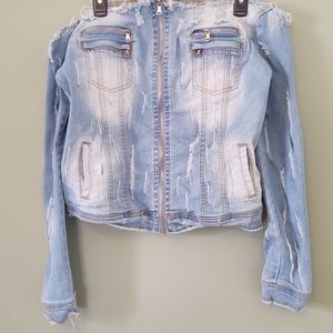 BLUE TOPIC Distressed Off The Shoulder Jean Jacket Top Size Large